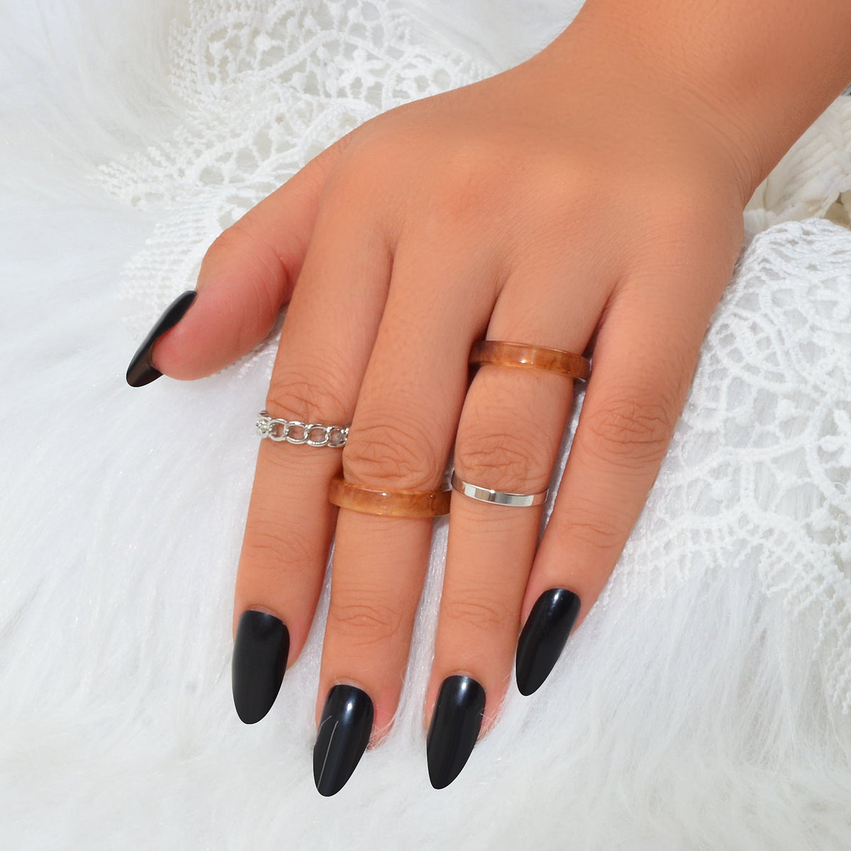 Unique 4 pcs Brown Resin Silver Metal Geometric Stackable Multiple Midi Ring Set-0
