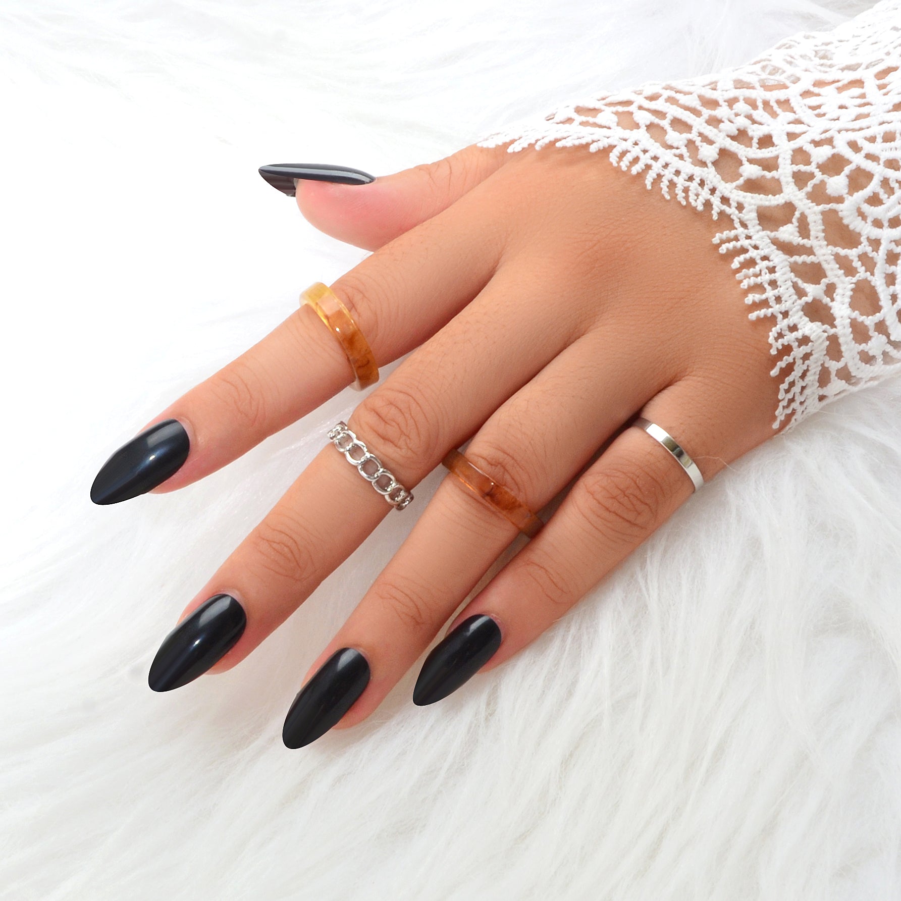Unique 4 pcs Brown Resin Silver Metal Geometric Stackable Multiple Midi Ring Set-4