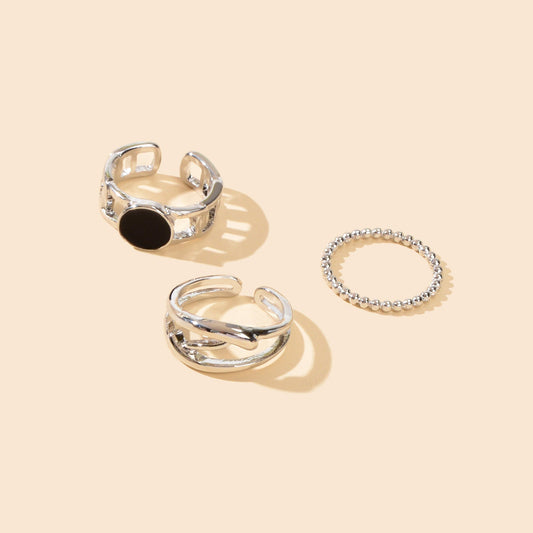 Multiple 3pcs Black Enamel Geometric Minimalist Silver Stackable Finger Ring Set-1