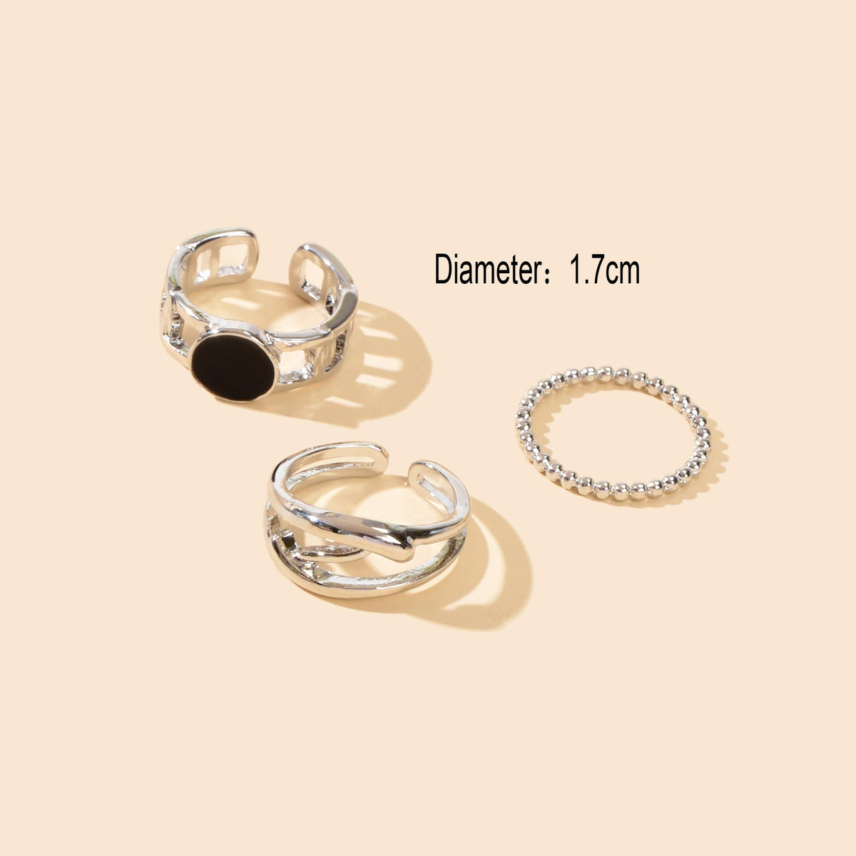 Multiple 3pcs Black Enamel Geometric Minimalist Silver Stackable Finger Ring Set-2