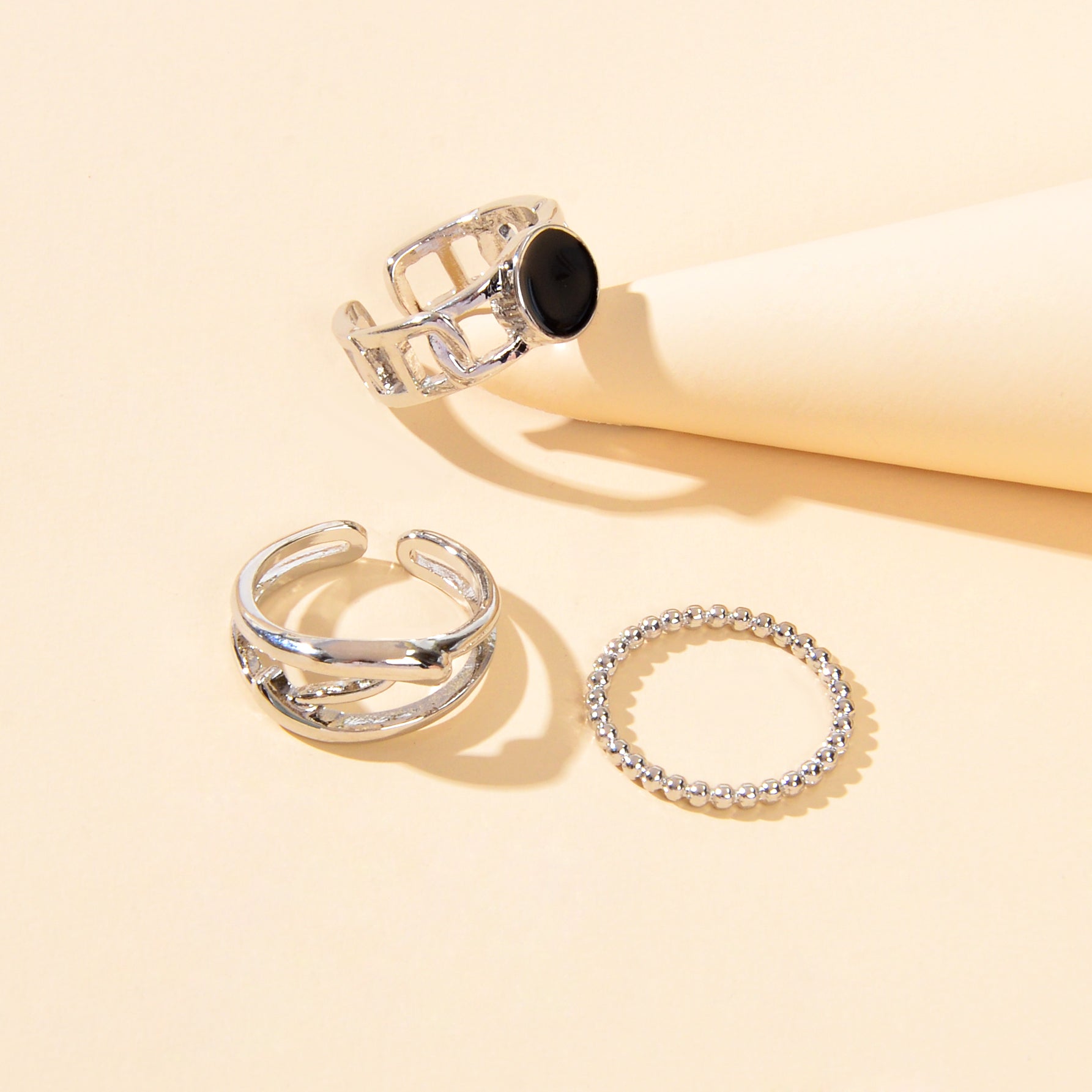 Multiple 3pcs Black Enamel Geometric Minimalist Silver Stackable Finger Ring Set-3