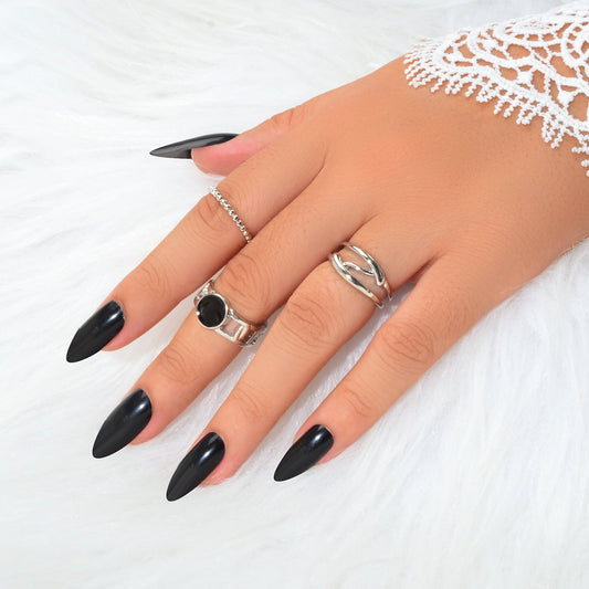 Multiple 3pcs Black Enamel Geometric Minimalist Silver Stackable Finger Ring Set-0