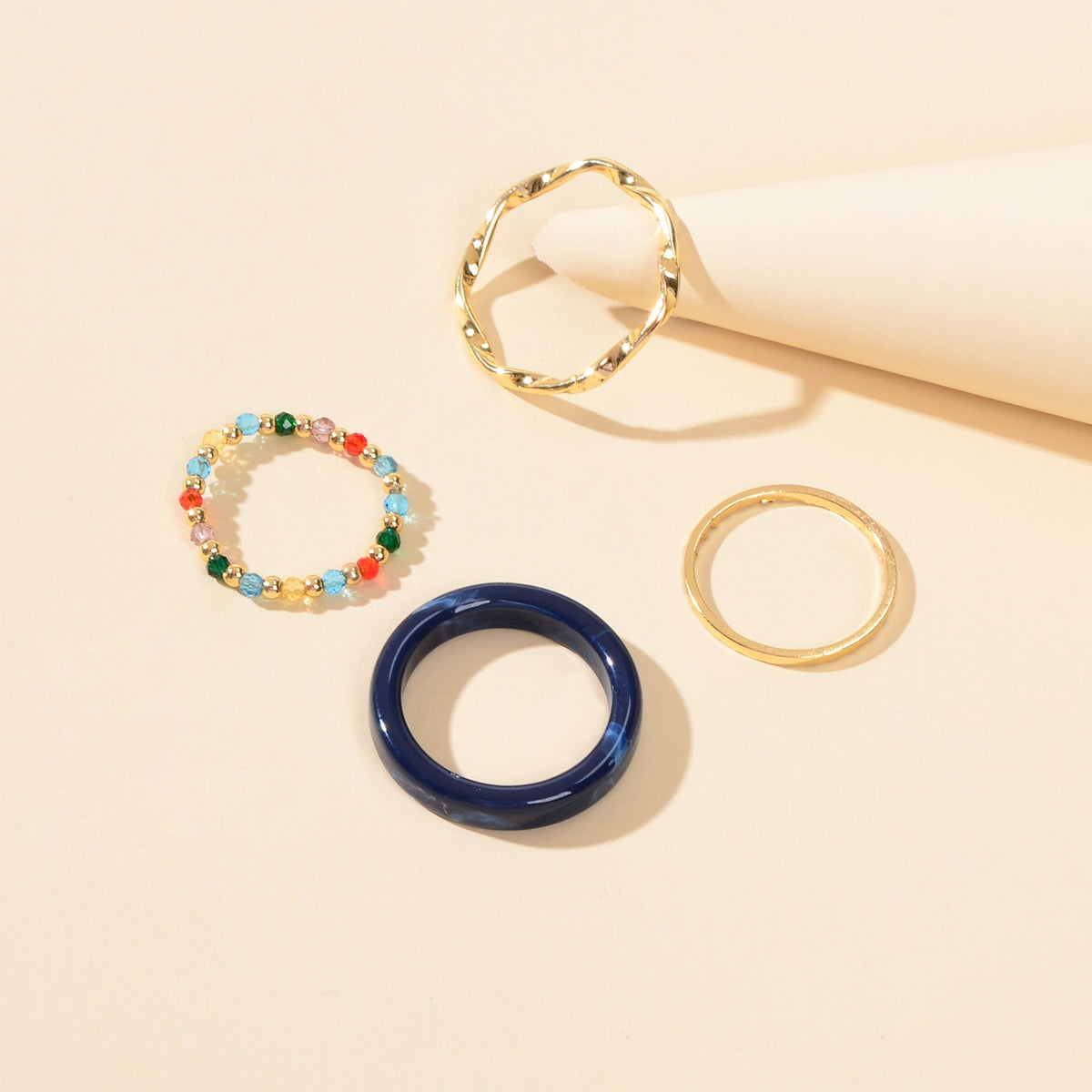 Multiple 4 pcs Geometric Elastic Beads Resin Stackable Midi Knuckle Rings set-4