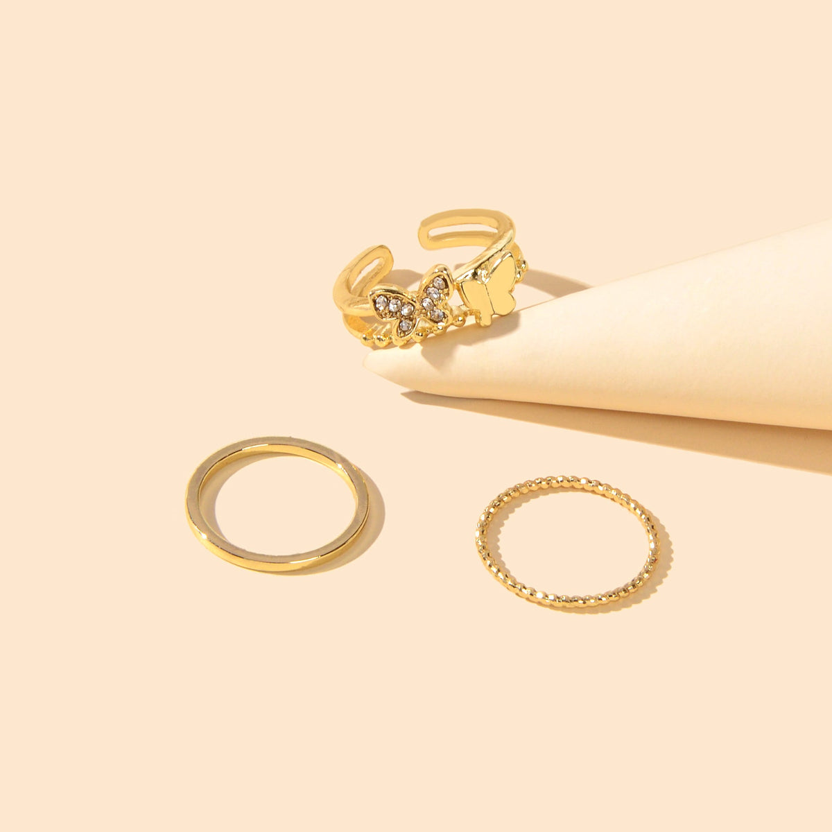 3 pcs Stylish Rhinestone Gold Butterfly Stackable Multiple Midi Finger Rings Set-1