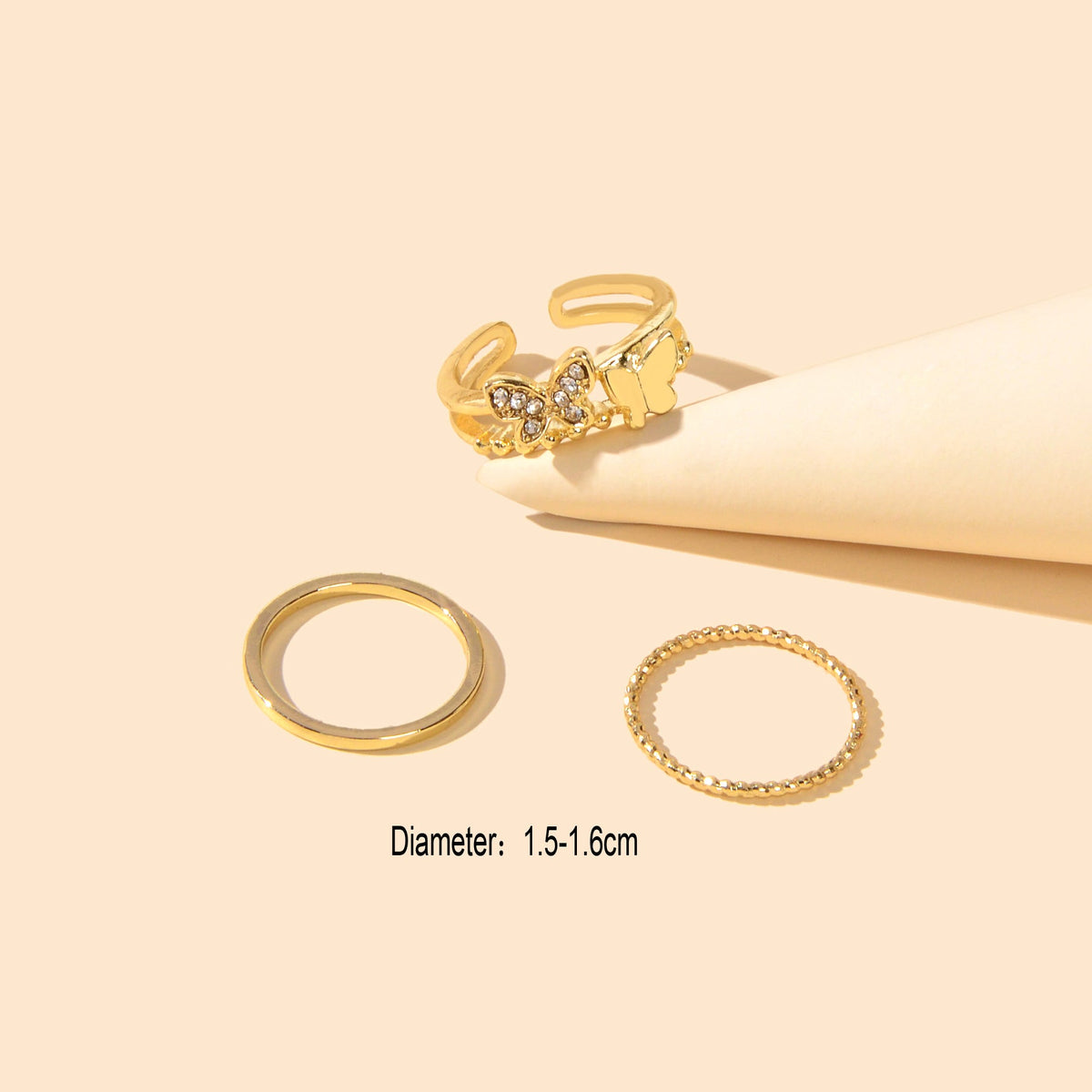 3 pcs Stylish Rhinestone Gold Butterfly Stackable Multiple Midi Finger Rings Set-2