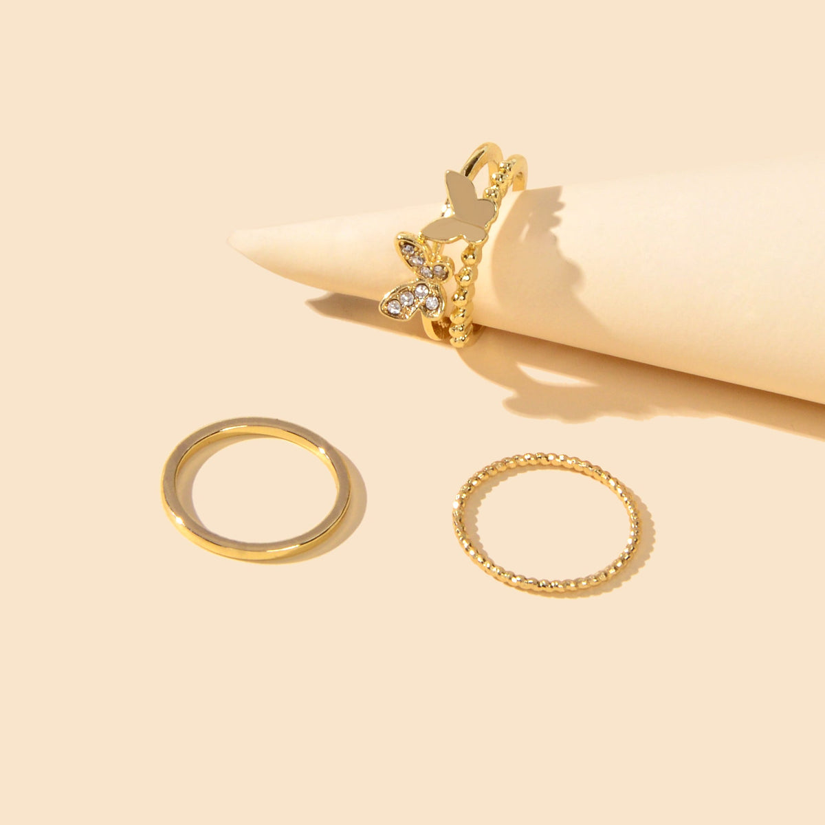 3 pcs Stylish Rhinestone Gold Butterfly Stackable Multiple Midi Finger Rings Set-3