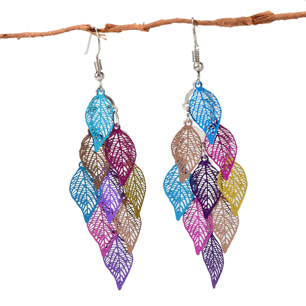 AU Local Bohemian Colorful Hollow Layered Leaf Stacks Hook Drop Dangle Earrings-4