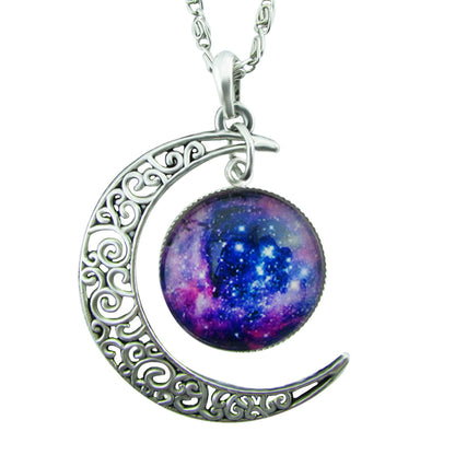 Tribal Ethnic Antique Silver Purple Blue Starry Sky Round Moon Pendant Necklace-5