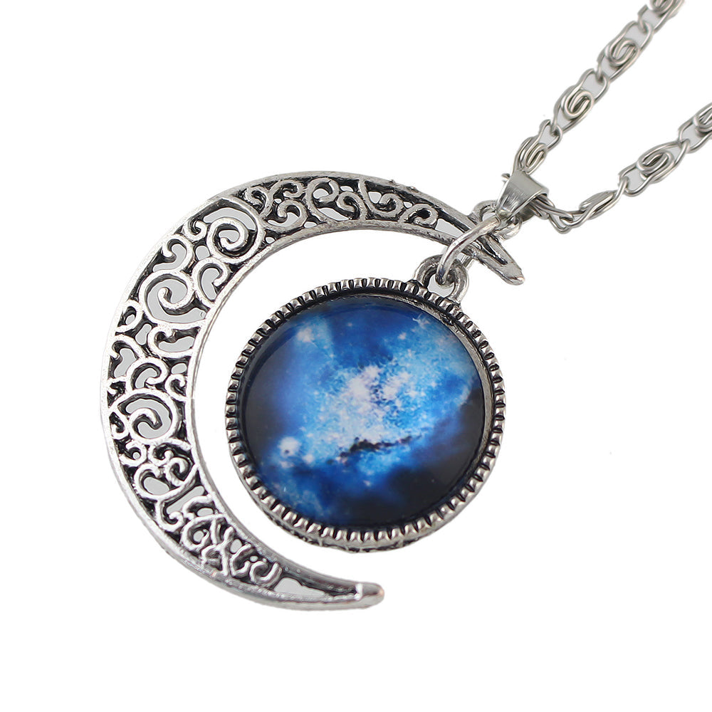 Tribal Ethnic Antique Silver Purple Blue Starry Sky Round Moon Pendant Necklace-2