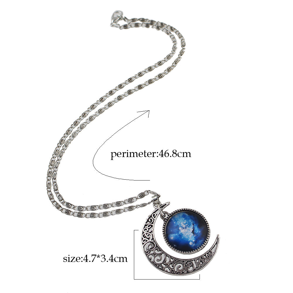 Tribal Ethnic Antique Silver Purple Blue Starry Sky Round Moon Pendant Necklace-3
