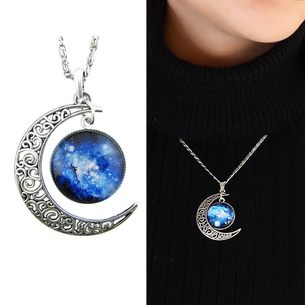 Tribal Ethnic Antique Silver Purple Blue Starry Sky Round Moon Pendant Necklace-0