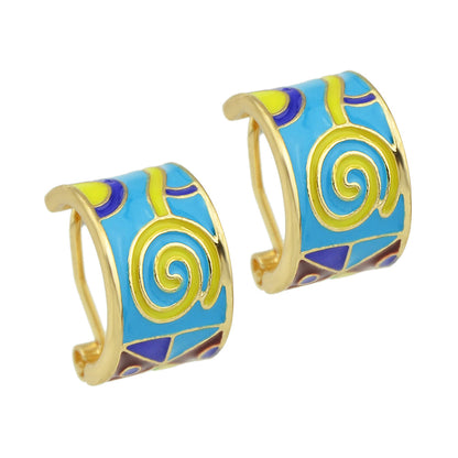 Ethnic Jewelry Colorful Enamel Geometric Pattern Wrap Cuffs Stud Huggie Earrings-4