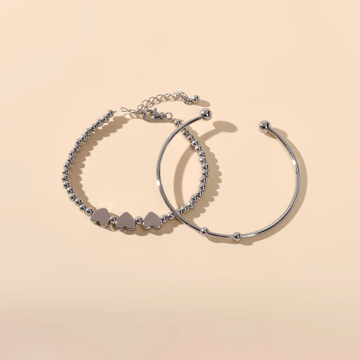 2 pcs Silver Heart Chain Bracelet Open Cuff Bangle Ladies Jewellery Accessories-1