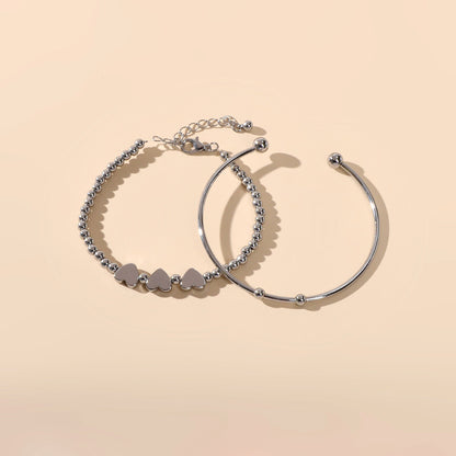 2 pcs Silver Heart Chain Bracelet Open Cuff Bangle Ladies Jewellery Accessories-1