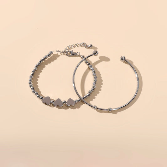 2 pcs Silver Heart Chain Bracelet Open Cuff Bangle Ladies Jewellery Accessories-1