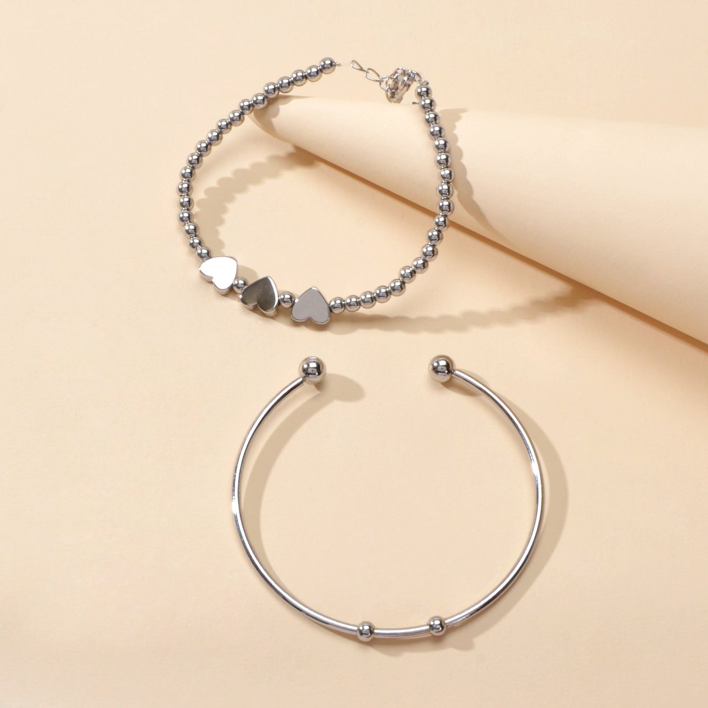 2 pcs Silver Heart Chain Bracelet Open Cuff Bangle Ladies Jewellery Accessories-2