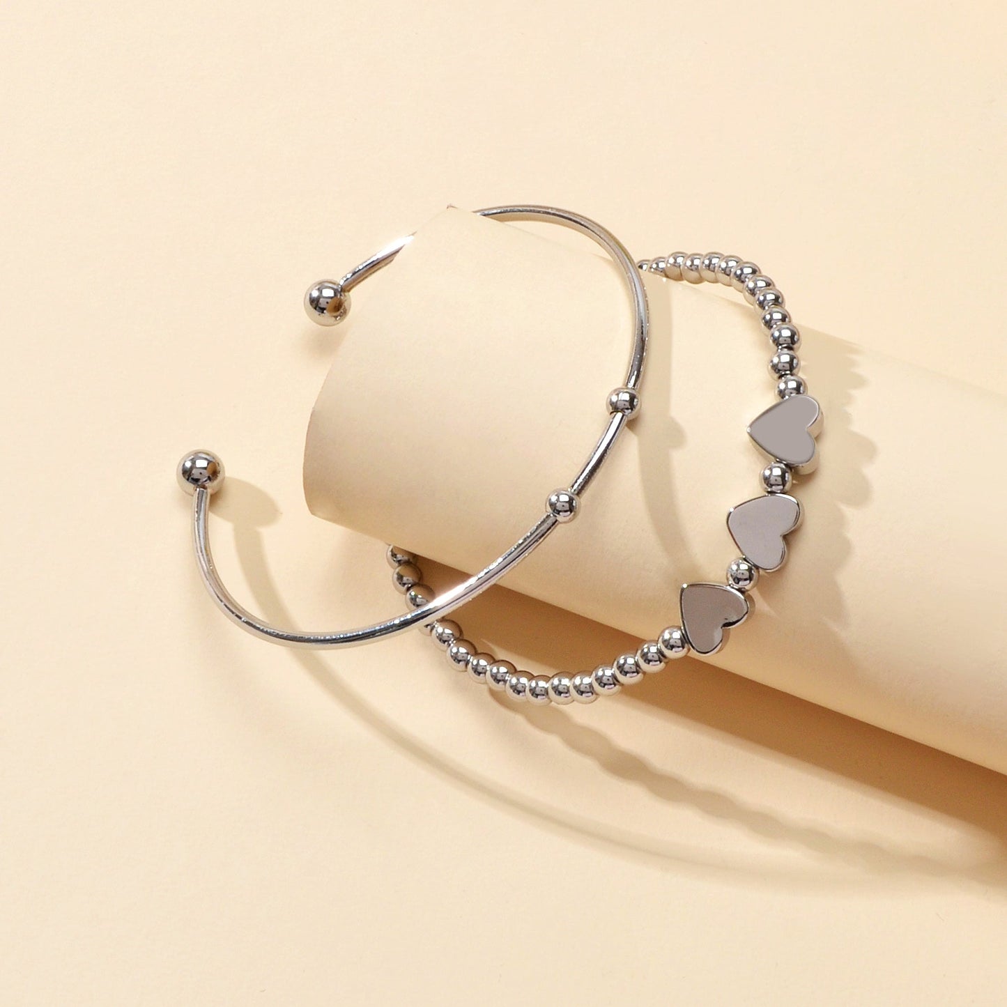 2 pcs Silver Heart Chain Bracelet Open Cuff Bangle Ladies Jewellery Accessories-3