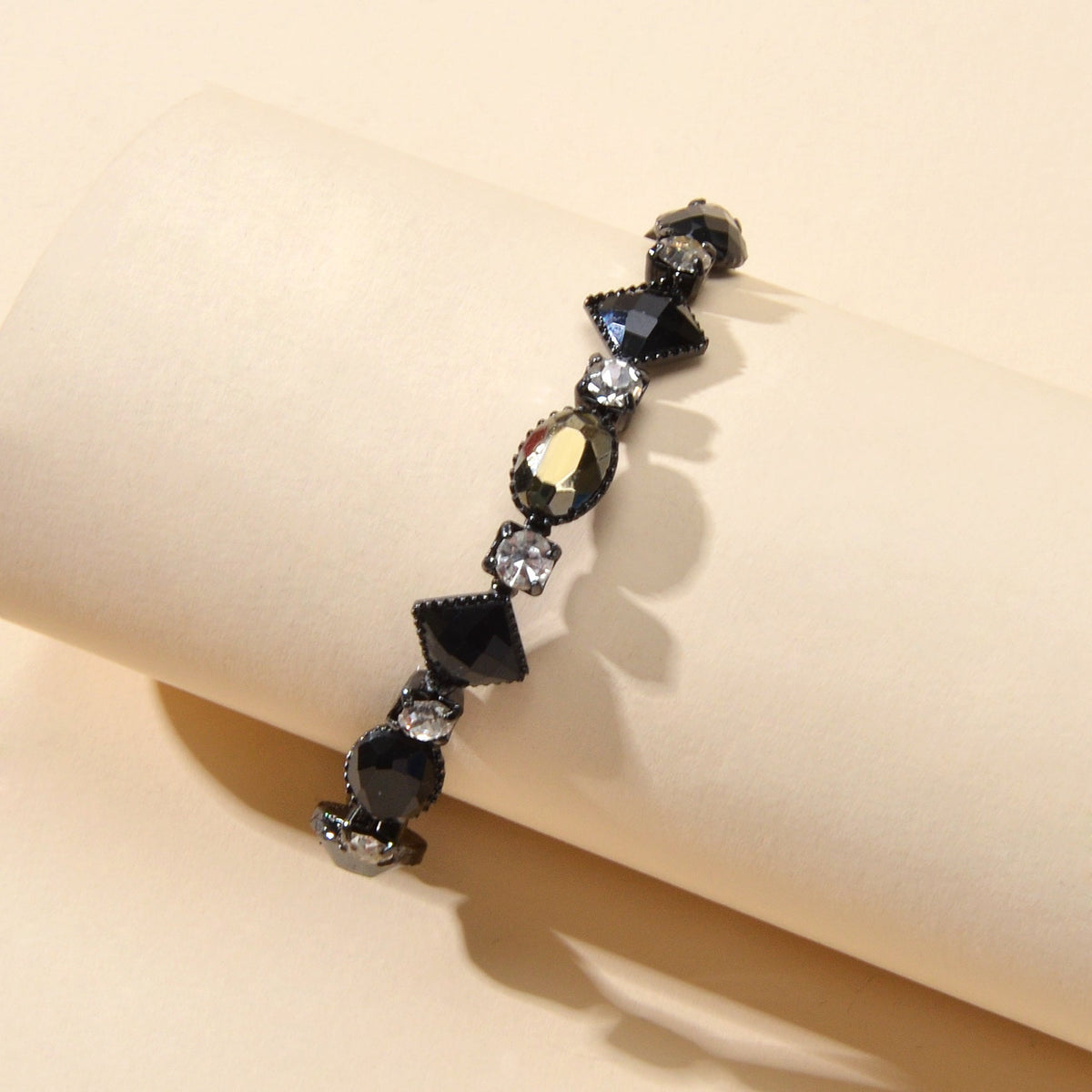 Vintage Court Rhinestone Round Rhombus Black Acrylic Beads Chain Retro Bracelets-1