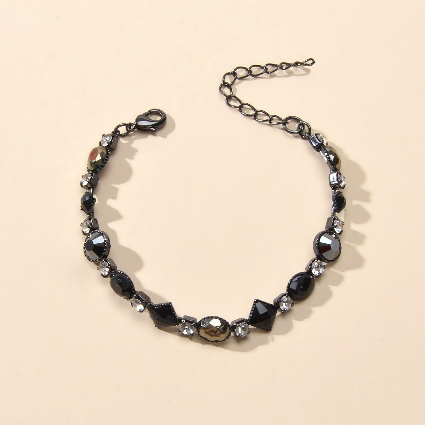Vintage Court Rhinestone Round Rhombus Black Acrylic Beads Chain Retro Bracelets-3