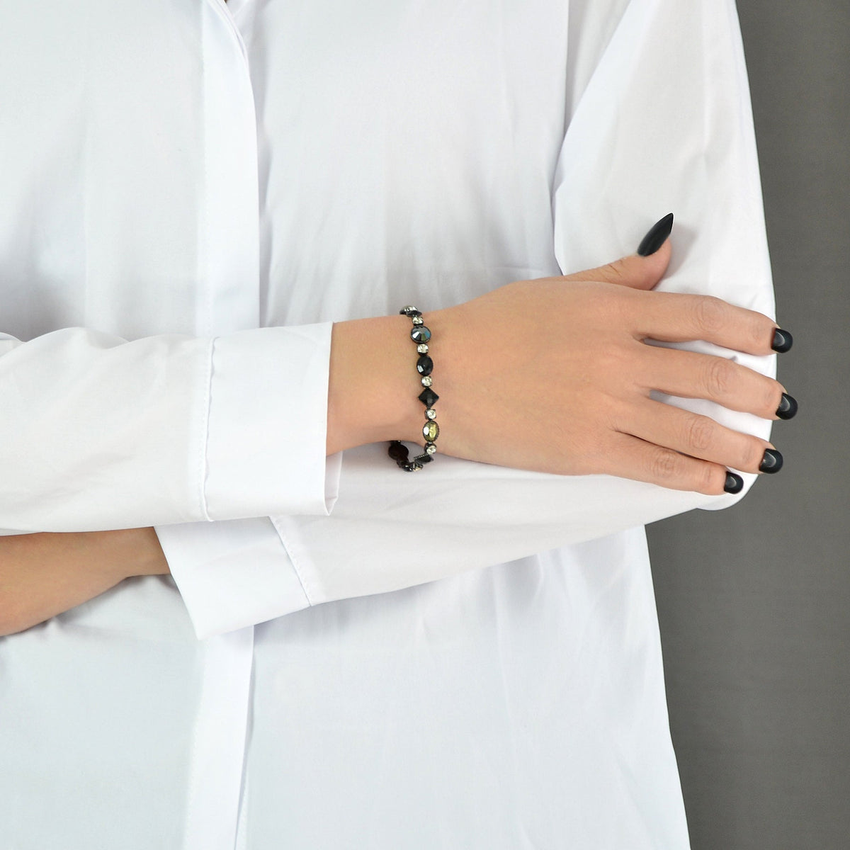 Vintage Court Rhinestone Round Rhombus Black Acrylic Beads Chain Retro Bracelets-0