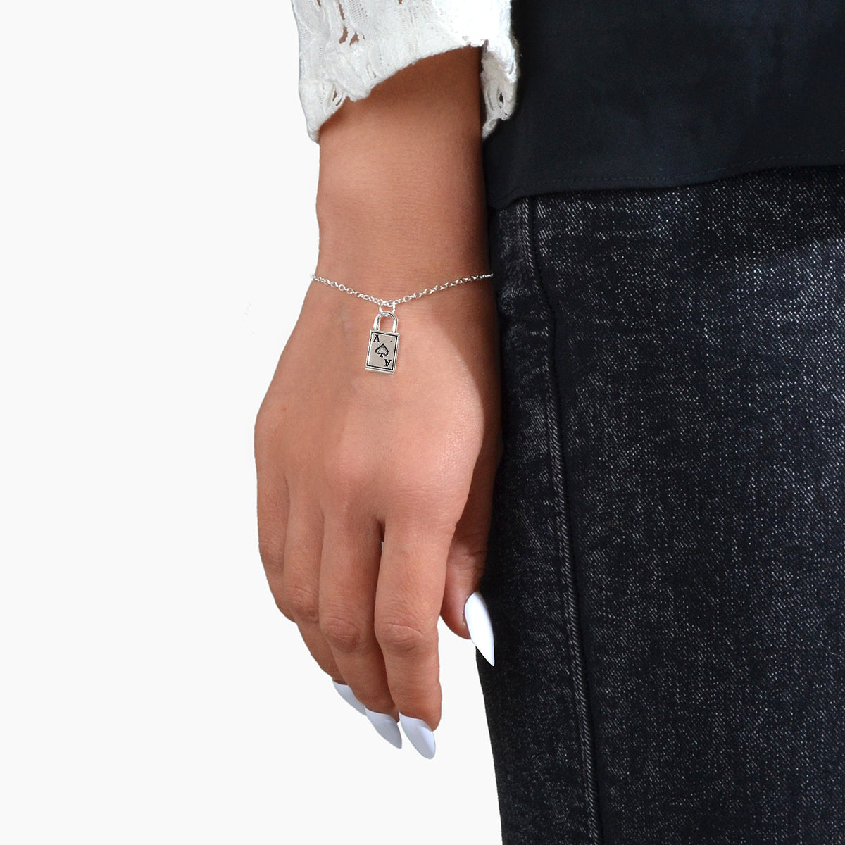 Punk Hip Hop Style Jewellery Silver Chain Playing Cards Charm Women Bracelets-1