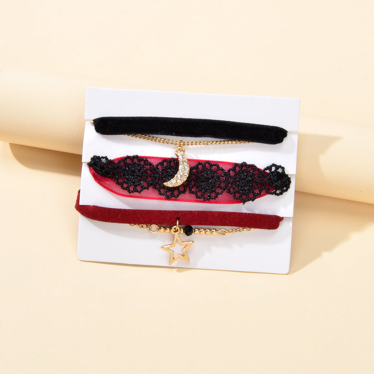 3pcs Boho Chic Black Winered Velvet Star Moon Double layer Chain Bracelets set-1
