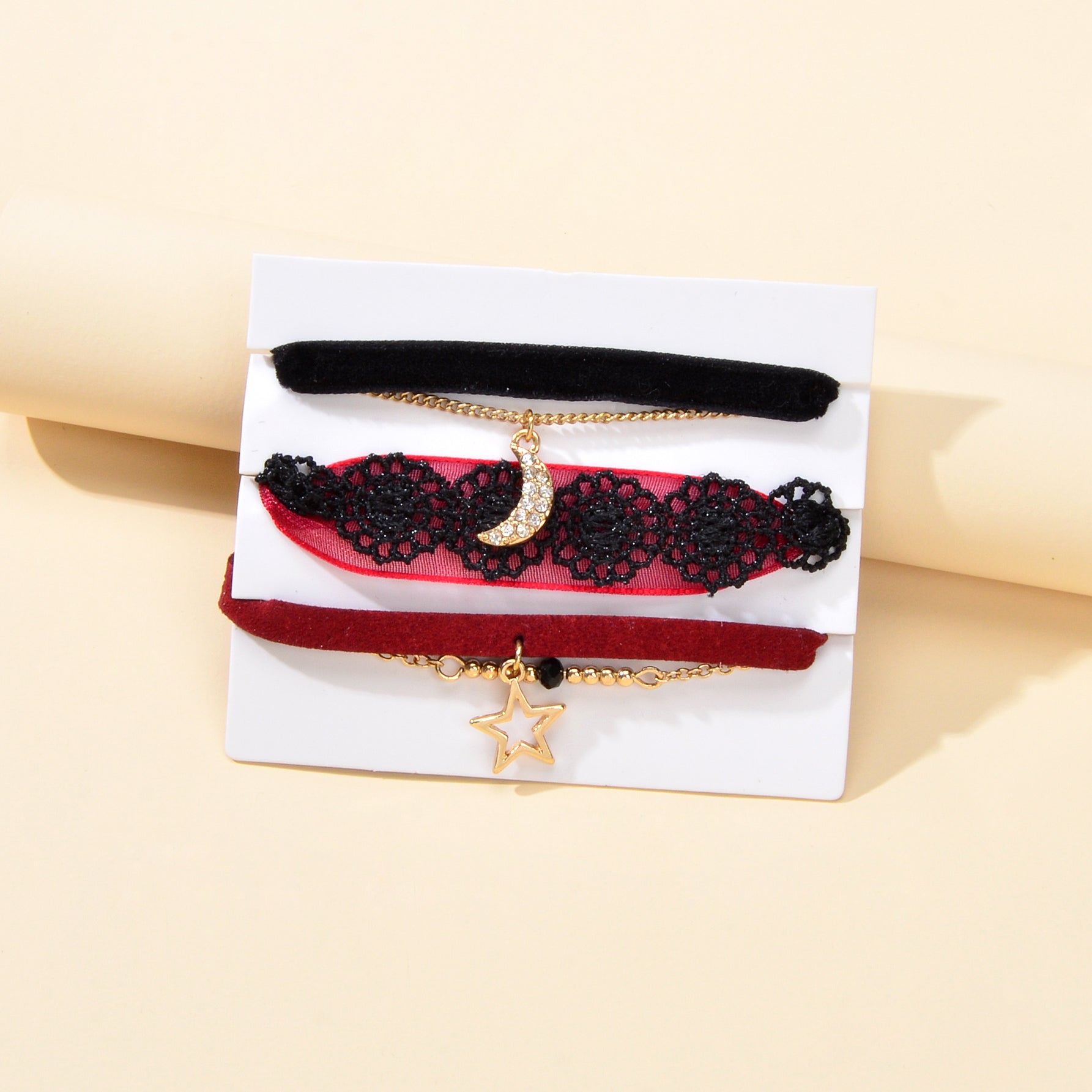 3pcs Boho Chic Black Winered Velvet Star Moon Double layer Chain Bracelets set-1