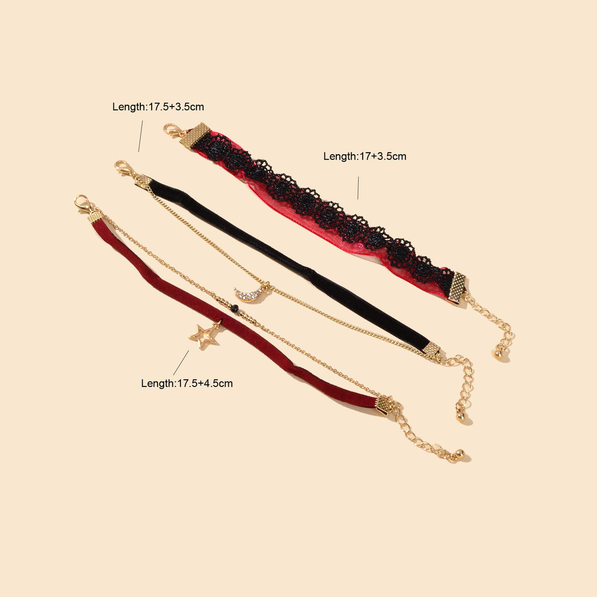 3pcs Boho Chic Black Winered Velvet Star Moon Double layer Chain Bracelets set-3