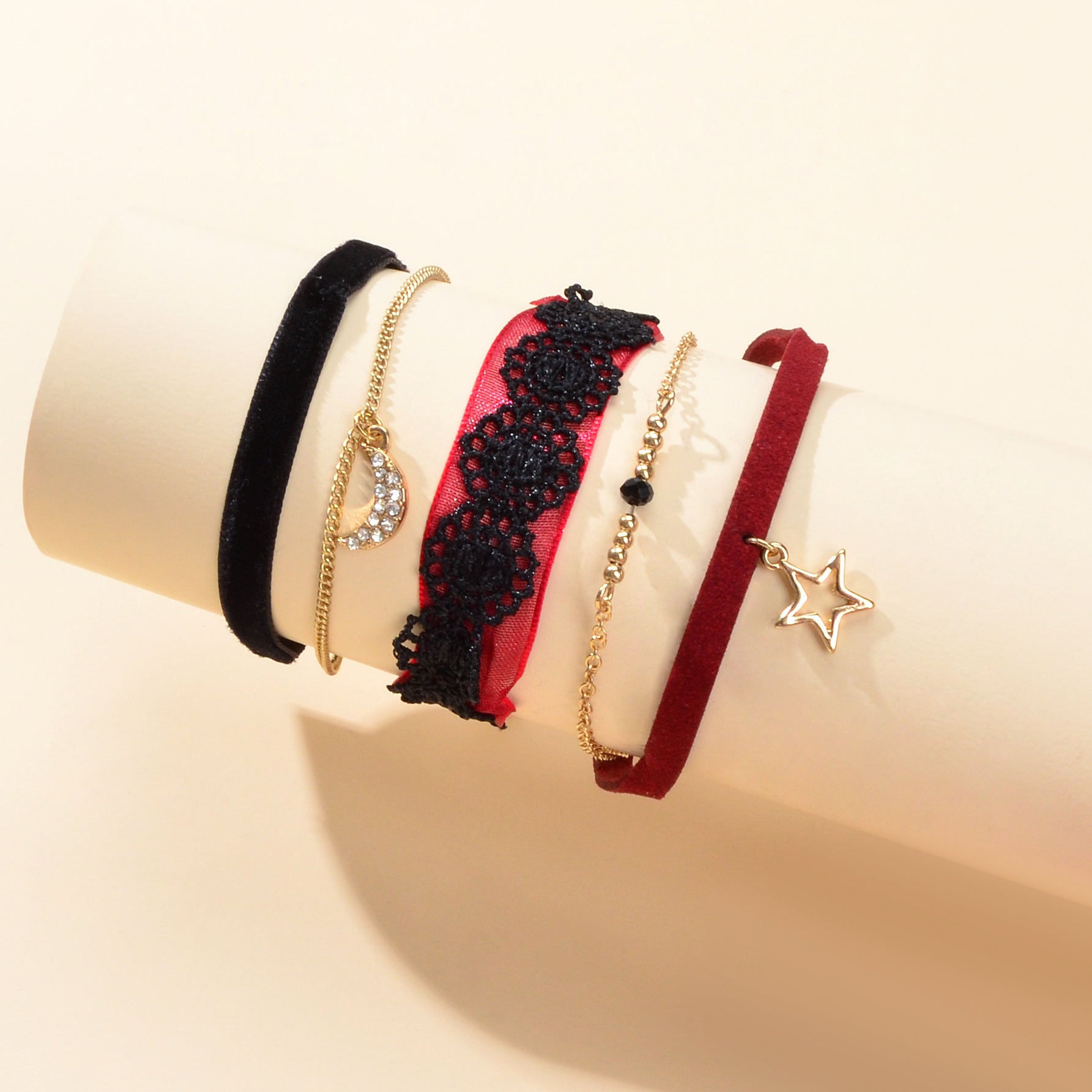 3pcs Boho Chic Black Winered Velvet Star Moon Double layer Chain Bracelets set-4
