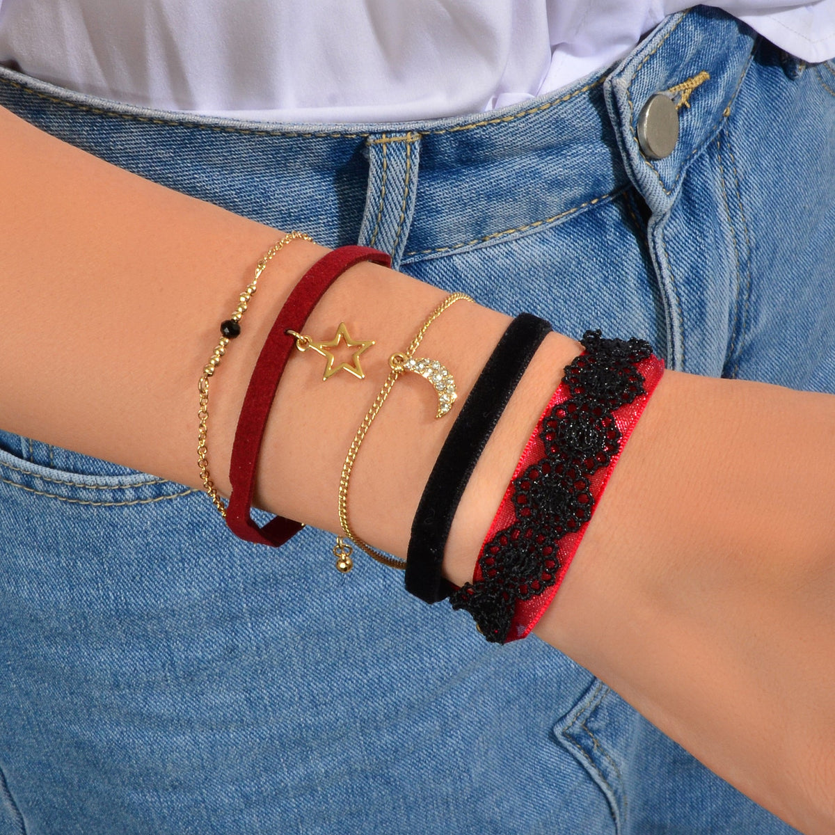 3pcs Boho Chic Black Winered Velvet Star Moon Double layer Chain Bracelets set-0