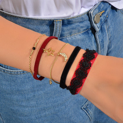 3pcs Boho Chic Black Winered Velvet Star Moon Double layer Chain Bracelets set-0