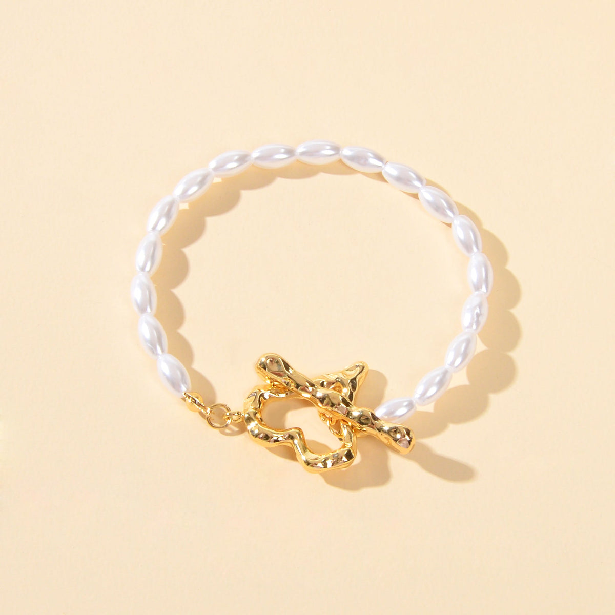 Textured Bridal Jewellery Retro Pearl Beads Gold Heart Charm Wedding Bracelet-1