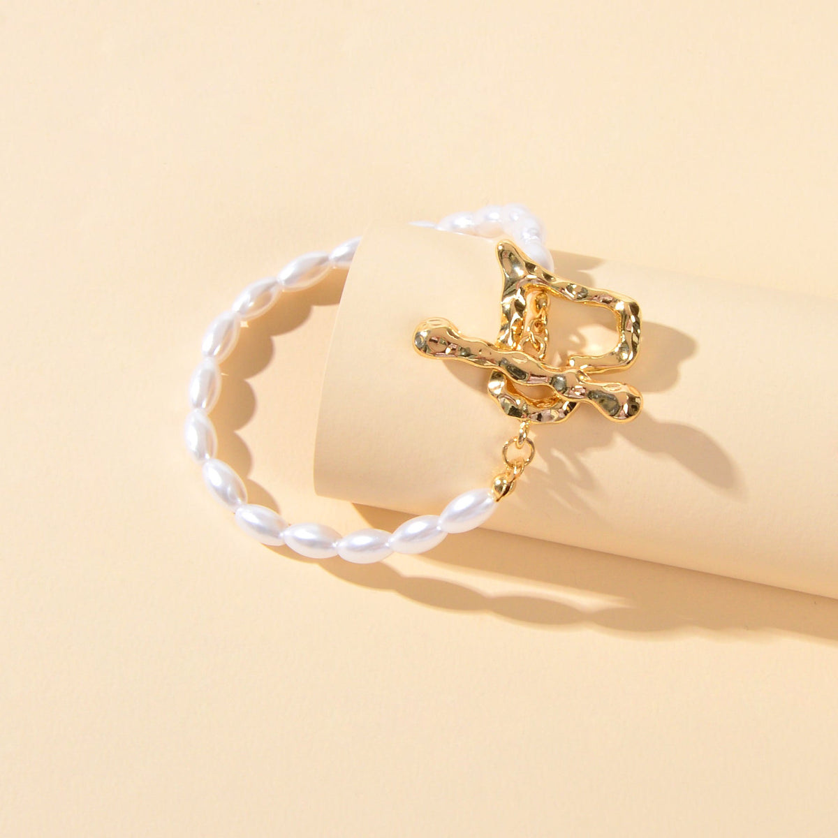 Textured Bridal Jewellery Retro Pearl Beads Gold Heart Charm Wedding Bracelet-3