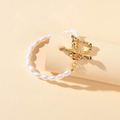 Textured Bridal Jewellery Retro Pearl Beads Gold Heart Charm Wedding Bracelet-3