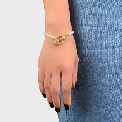Textured Bridal Jewellery Retro Pearl Beads Gold Heart Charm Wedding Bracelet-0