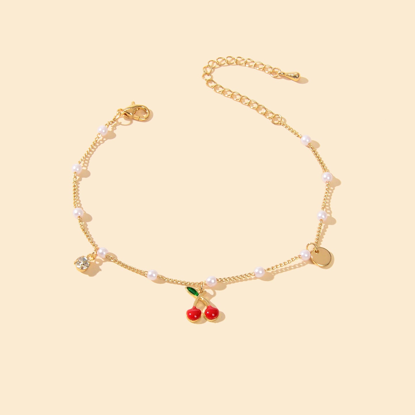 Pearl Beads Disc Charm Gold Chain Red Cherry Charm Bracelet Women Dainty Gift-1
