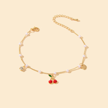 Pearl Beads Disc Charm Gold Chain Red Cherry Charm Bracelet Women Dainty Gift-1