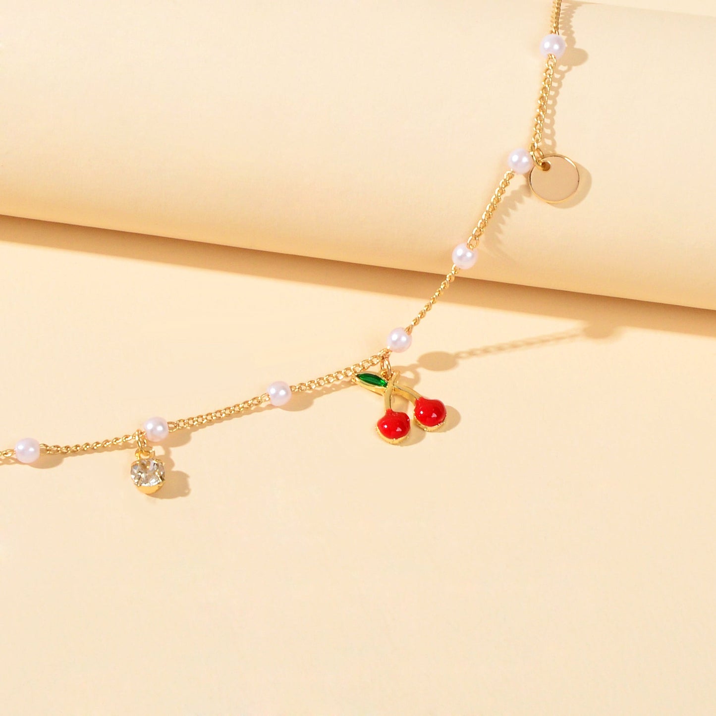 Pearl Beads Disc Charm Gold Chain Red Cherry Charm Bracelet Women Dainty Gift-3