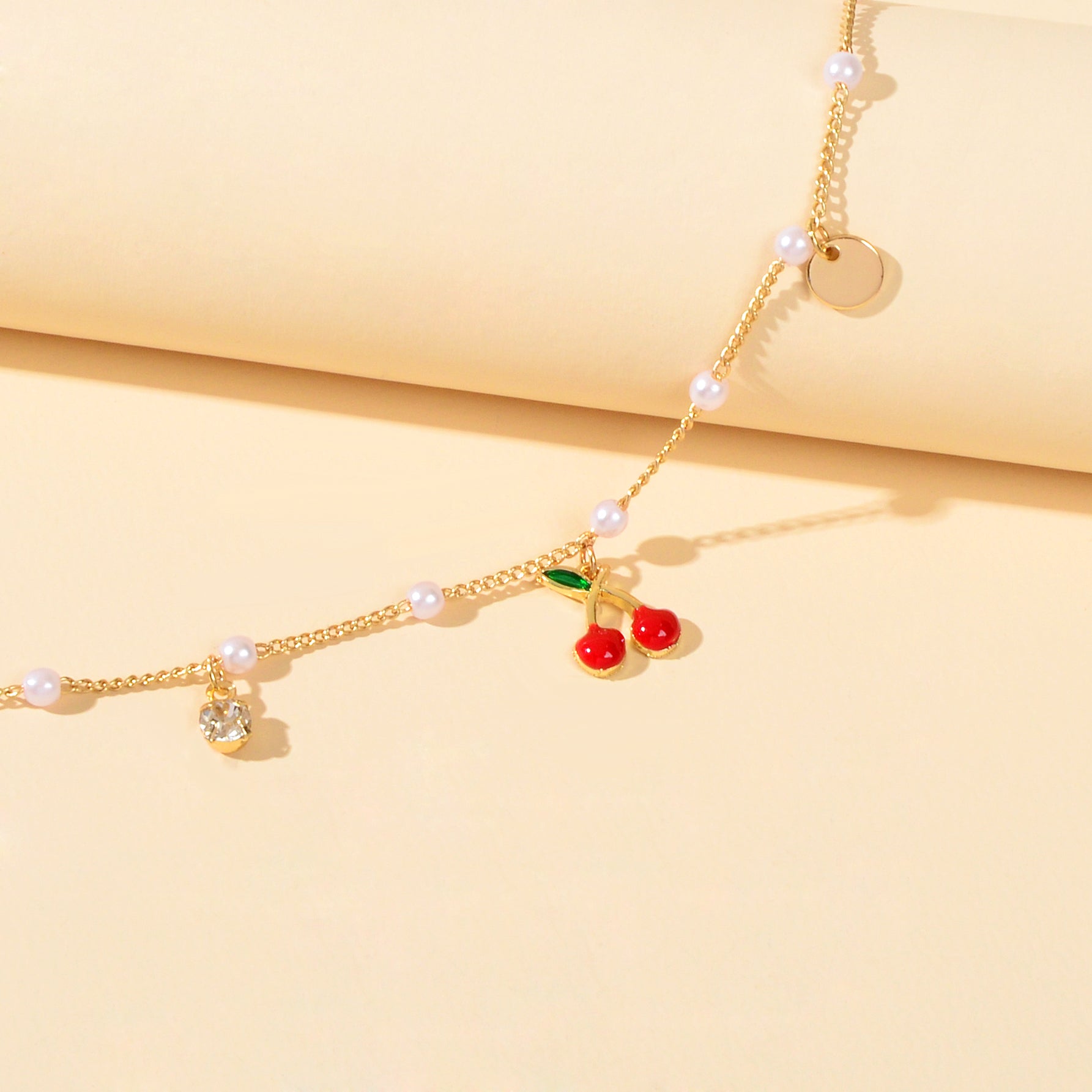 Pearl Beads Disc Charm Gold Chain Red Cherry Charm Bracelet Women Dainty Gift-3