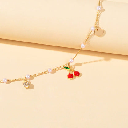 Pearl Beads Disc Charm Gold Chain Red Cherry Charm Bracelet Women Dainty Gift-3