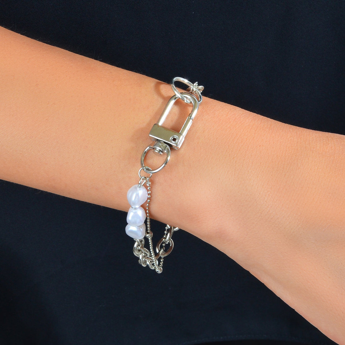 Punk Retro Faux Pearl Decor Double layer Silver Chain Lock Fashion Bracelet Gift-0