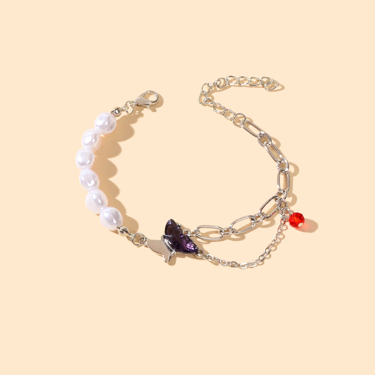 Designer Multiple Silver Pearl Chain Red Beads Purple Crystal Butterfly Bracelet-1