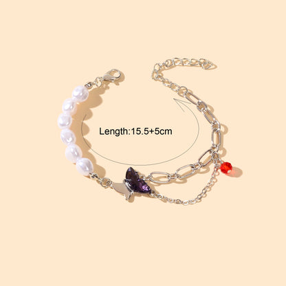 Designer Multiple Silver Pearl Chain Red Beads Purple Crystal Butterfly Bracelet-2