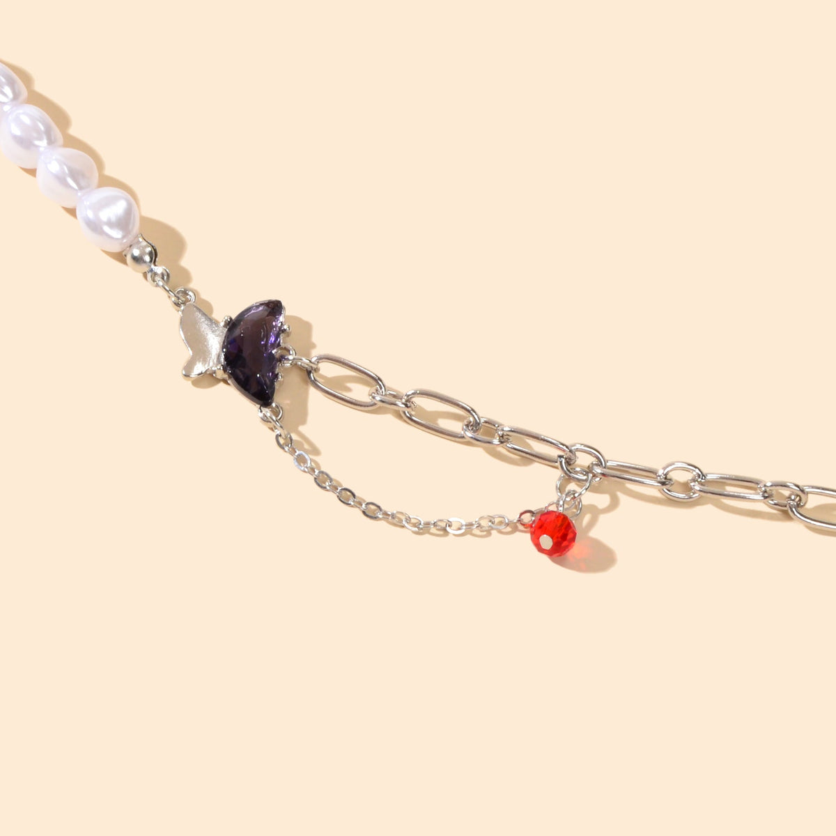 Designer Multiple Silver Pearl Chain Red Beads Purple Crystal Butterfly Bracelet-3