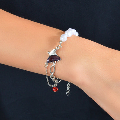 Designer Multiple Silver Pearl Chain Red Beads Purple Crystal Butterfly Bracelet-0
