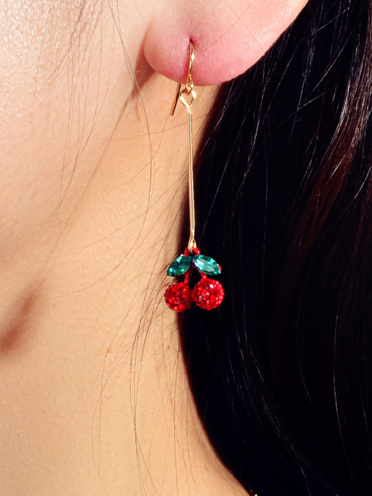 Gift Jewellery Cute Funny Green Crystal Red Cherry Long Dangle Pendant Earrings-4