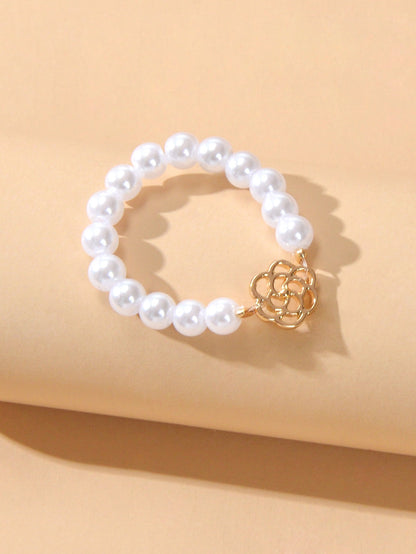Perfect Elastic Pearl Gold Flower Finger Ring Wedding Engagement Gift Jewellery-4