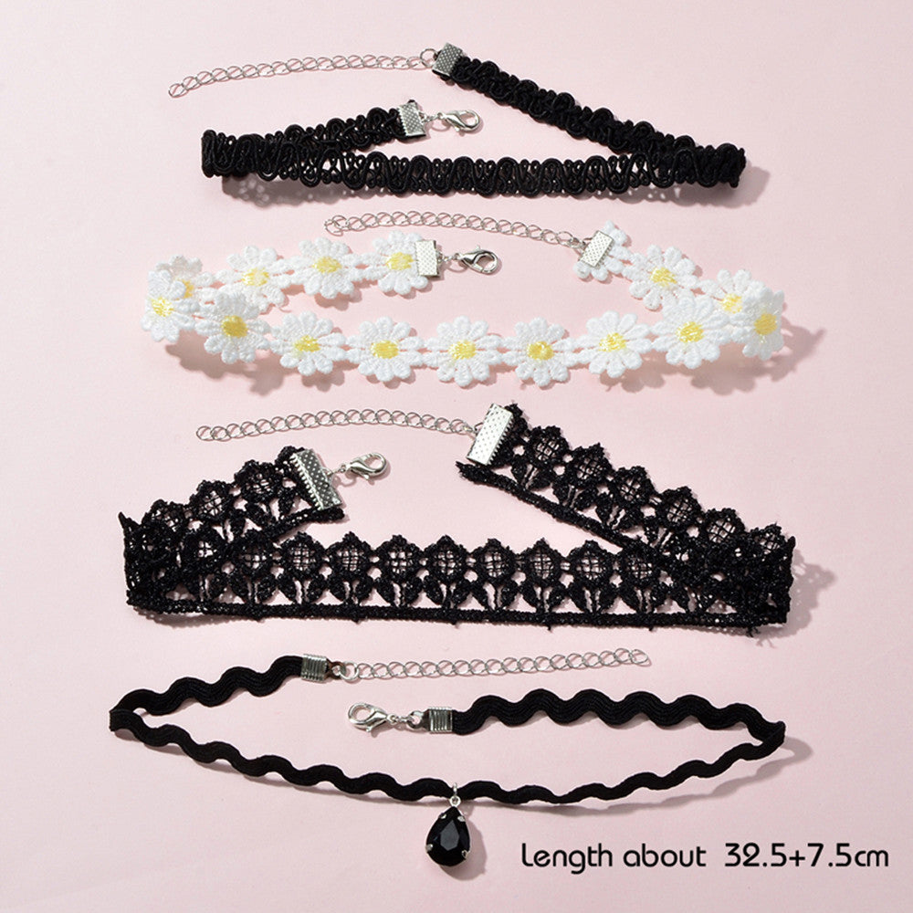 4 pcs Gothic White Black Flower Tattoo Choker Necklace Retro Punk 90s Collar-1