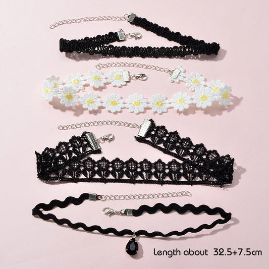 4 pcs Gothic White Black Flower Tattoo Choker Necklace Retro Punk 90s Collar-1