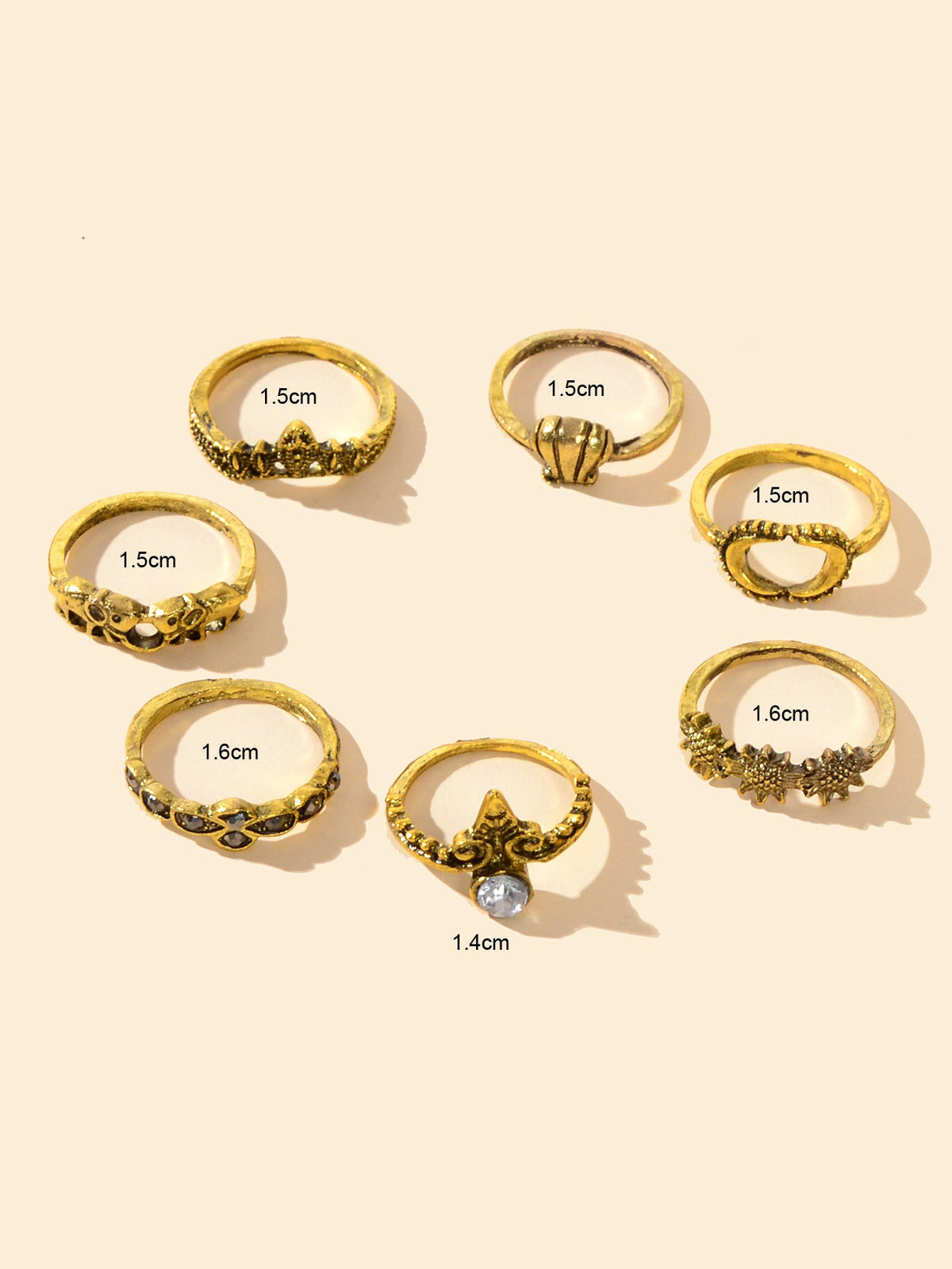 7 pcs Vintage Jewellery Oxidized Antique Gold Moon Shell Finger Ring Set-4